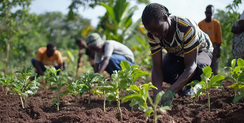 African farmers planting tree saplings 